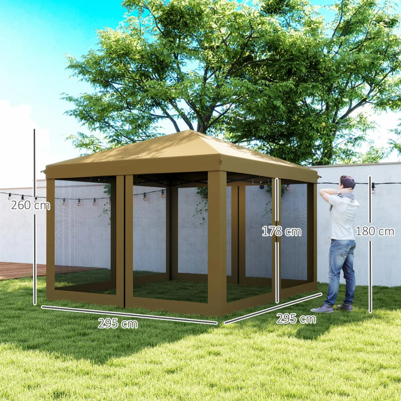 3m x 3m Khaki Pop Up Gazebo - 420D Garden Tent Canopy with Removable Mesh Sidewall Netting & Carry Bag for Outdoor Patio