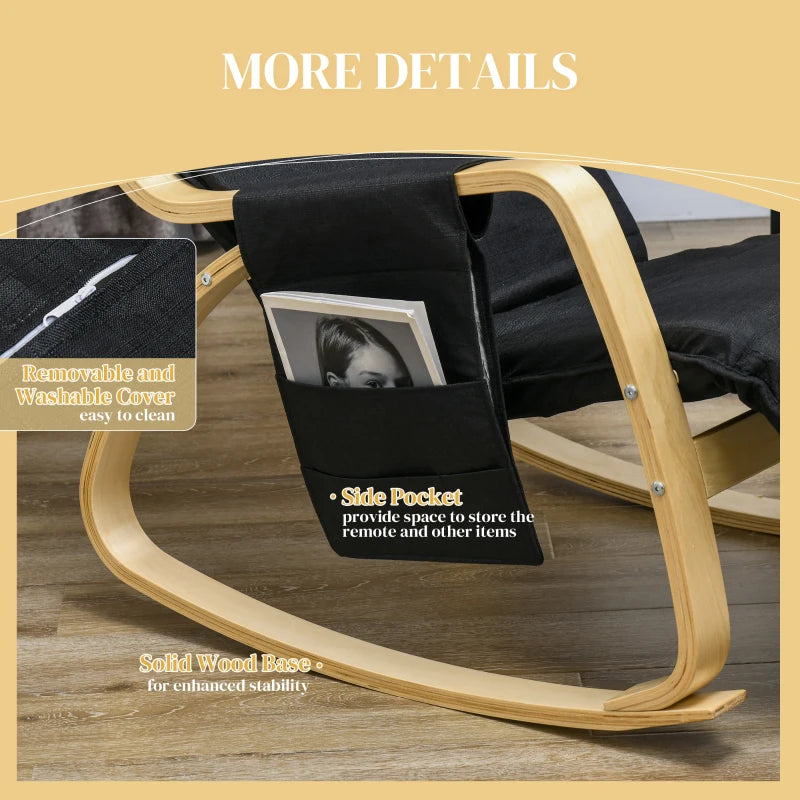 Adjustable Rocking Lounge Chair with Footrest, Side Pocket and Pillow for Ultimate Relaxation in Black