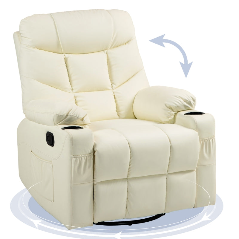Manual Reclining Armchair with Swivel, Faux Leather, Footrest and Cup Holders - Cream, 86x93x102cm