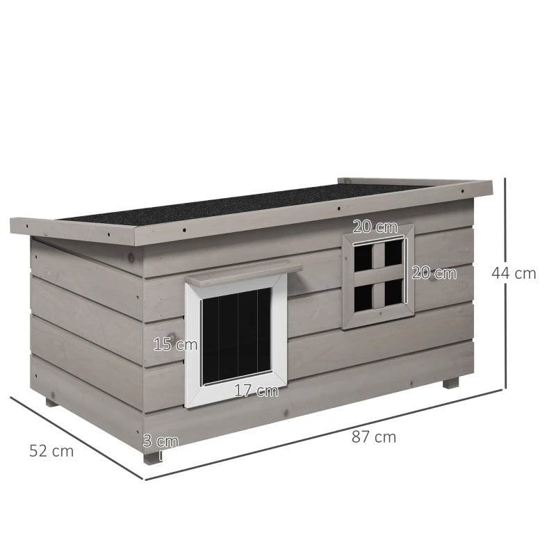 Wooden Elevated Outdoor Cat House with Openable Top Asphalt Roof and Window Grey