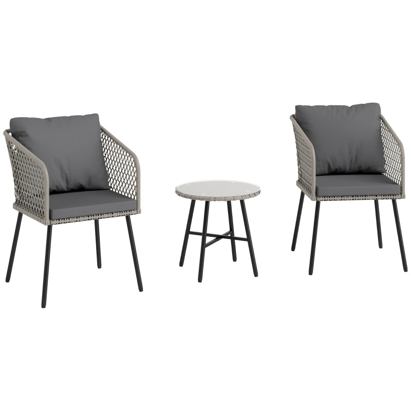 3 Piece Rattan Bistro Set with 2 Chairs & Glass Table for Garden, Balcony, Grey