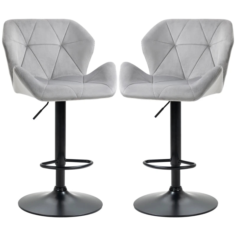 Luxurious Velvet Bar Stools Set of 2 - Adjustable Height Swivel with Metal Frame, Round Base, Grey