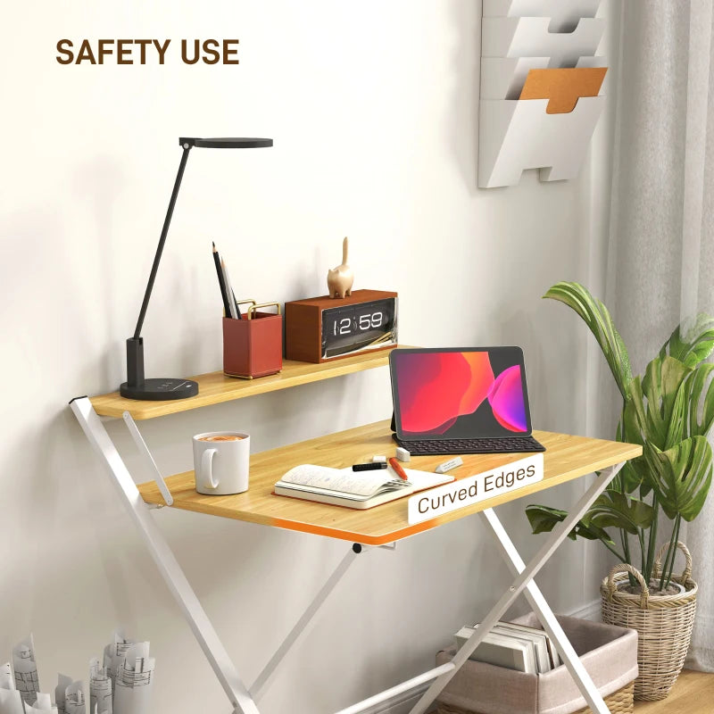 Compact Folding Desk for Small Spaces - Foldable Computer Desk with Storage Shelf, 2-Tier Writing Table, Maple Wood-effect, 86x66x82 cm