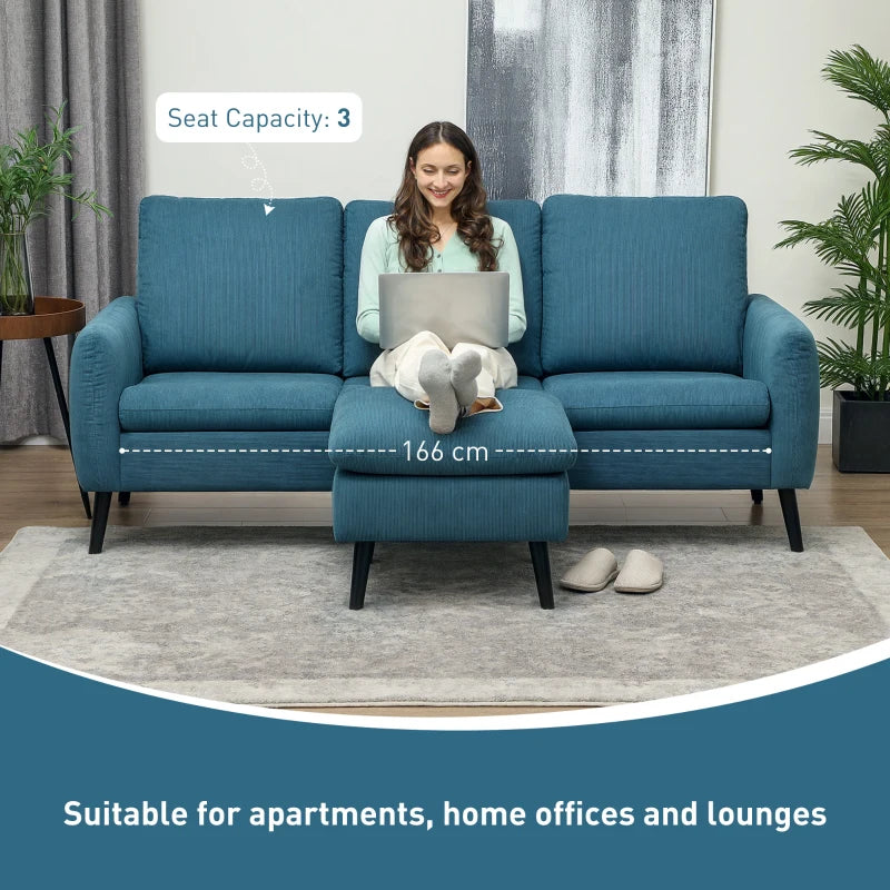 L-shaped 3 Seater Corduroy Sofa with Ottoman and Reversible Chaise for Small Living Rooms, Blue