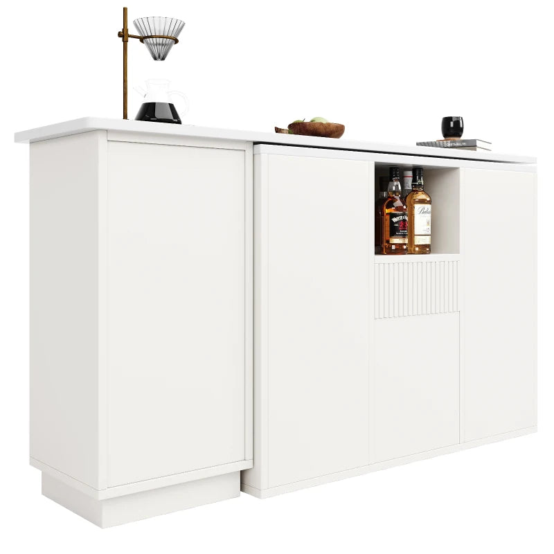 360° Swiveling Bar Table with Marble Top & Open Storage - Stylish Kitchen & Living Room Furniture, 198.5L x 30W x 72.5H cm, White