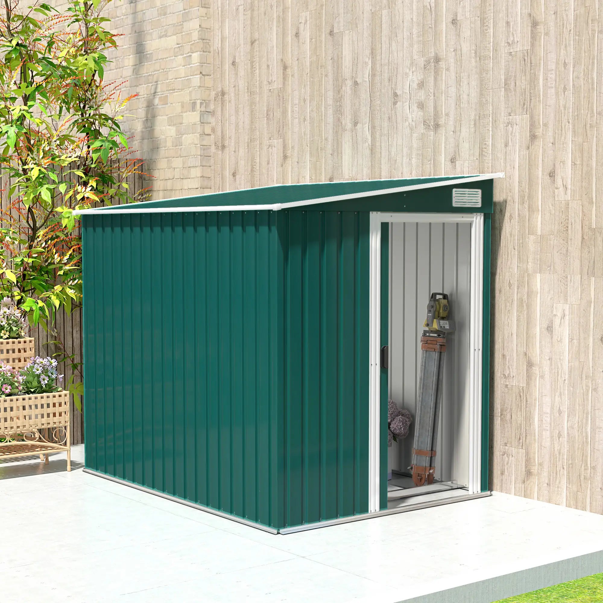 Green 7ft x 5ft Lean-To Metal Shed with Sliding Door