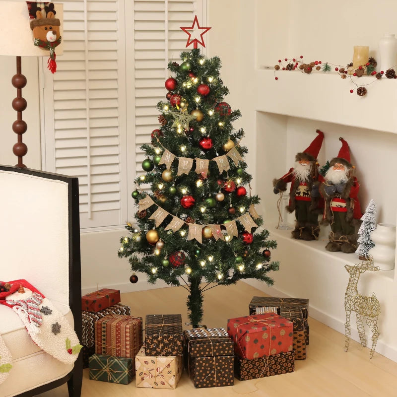 5ft Pre-Lit Christmas Tree with Red and Warm White Decorations - Festive Green Holiday Decor for Home
