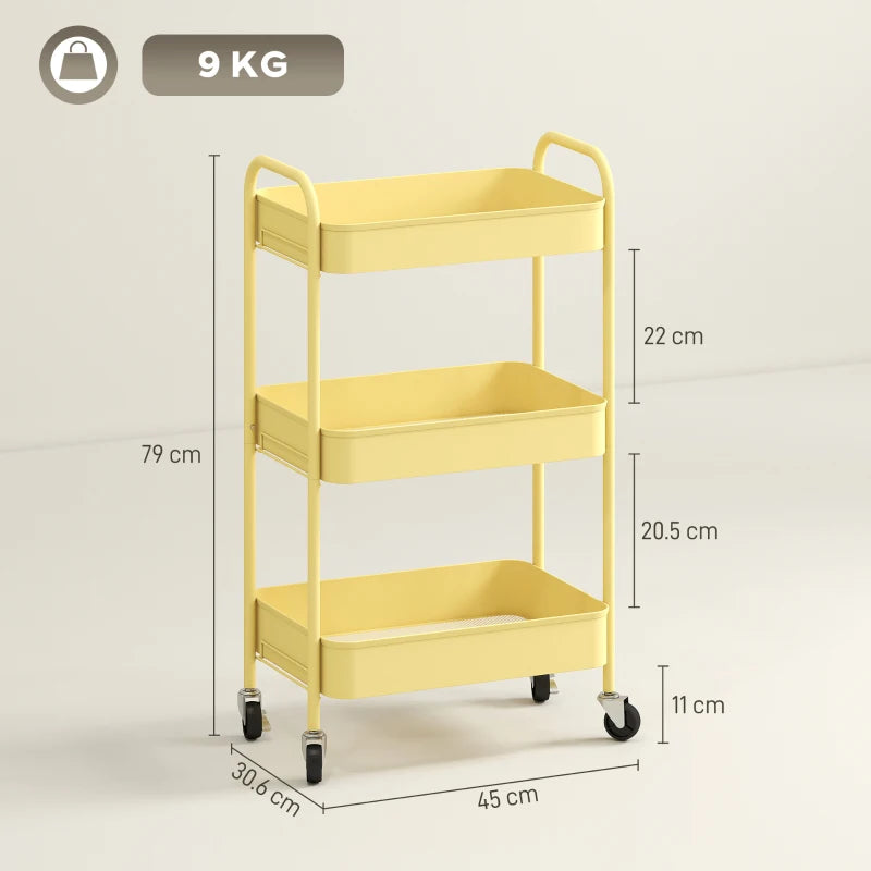 Three-Tier Yellow Steel Storage Trolley - Durable, Versatile Organizer for Home, Office, Kitchen & Garage