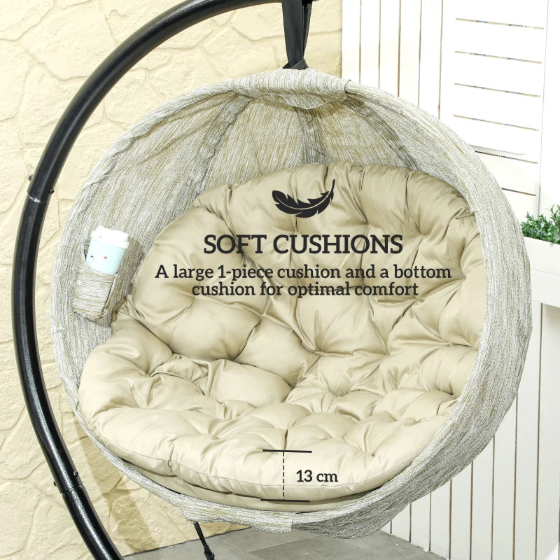 Hanging Egg Chair - Khaki Outdoor Indoor Garden Swing Chair with Stand, Thickened Cushion & Cup Holder - Folding Basket Design