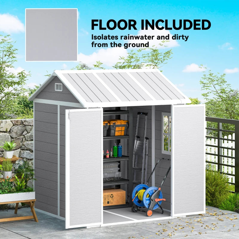 6ft x 6ft Garden Shed with Floor, Windows, Lockable Doors and Vents - Wood Effect Resin Tool Shed for Outdoor Patios
