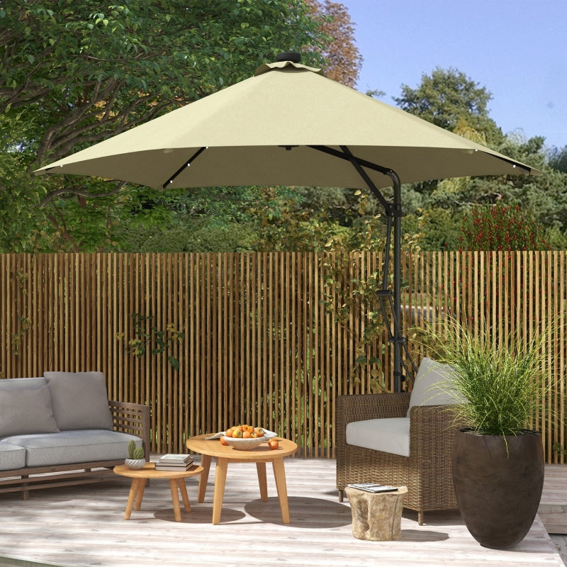 Beige 3m Solar LED Cantilever Garden Parasol Umbrella with Cross Base & Waterproof Cover