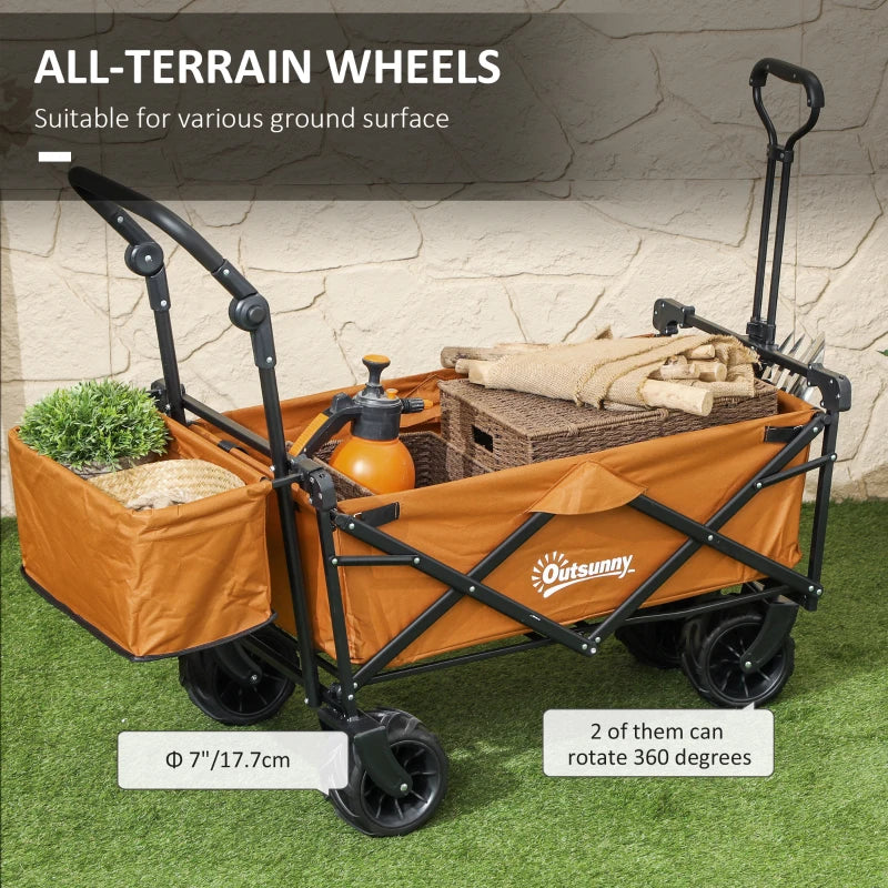 Folding Trolley Cart Storage Wagon - Orange 4-Wheel Beach Trailer with Canopy for Shopping and Camping