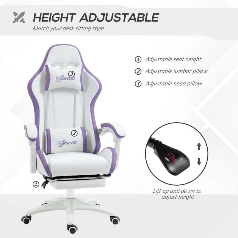 Vinsetto White and Purple Gaming Chair - PU Leather Office Desk Chair with Footrest, 135° Recline, Lumbar Support & Headrest