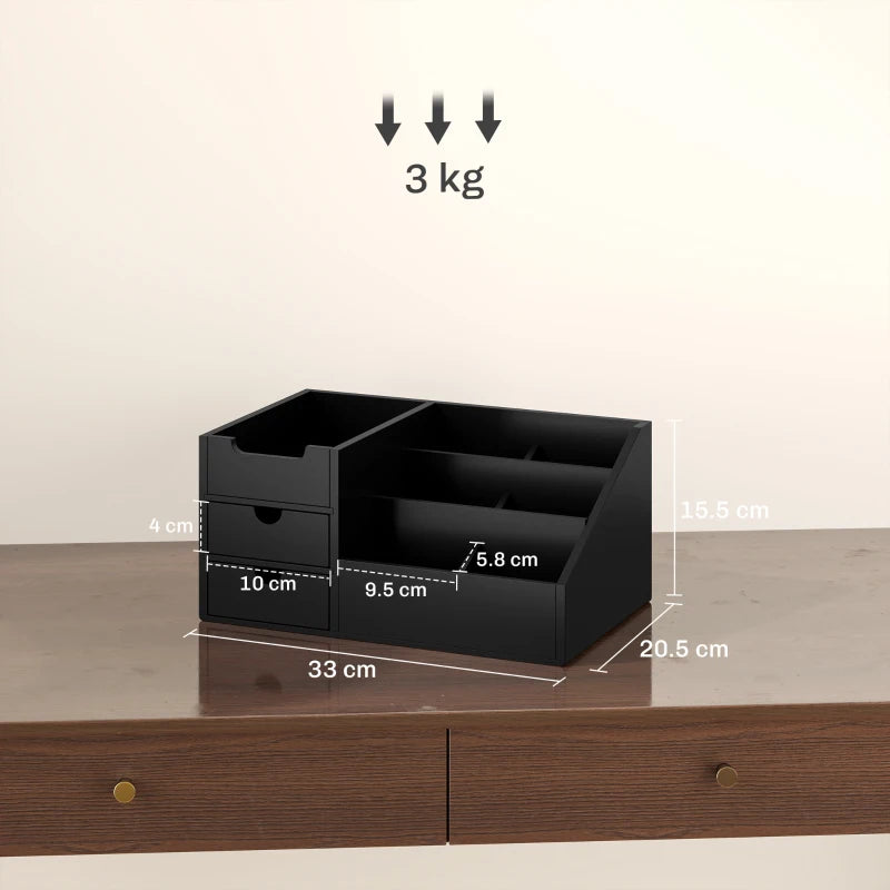Bamboo Desk Organiser Holder - Multi-Function Storage Caddy with 7 Compartments & 2 Drawers for Home Office Supplies - Black