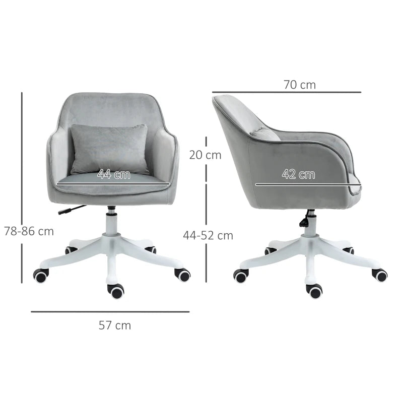 Vinsetto Grey Velvet Office Chair with Massage Lumbar Pillow, Rolling Wheels - Stylish Desk & Makeup Vanity Chair for Home