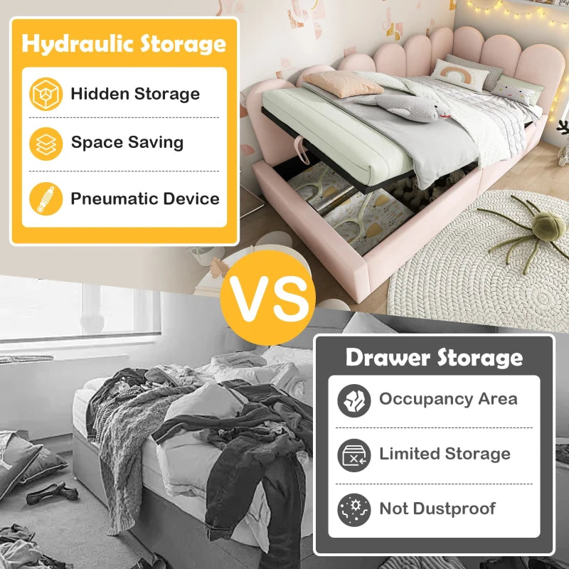 3FT Pink Upholstered Daybed with Hydraulic Storage & Metal Slatted Frame, Velvet Finish, Single Ottoman Bed, 200L x 97W x 76H cm