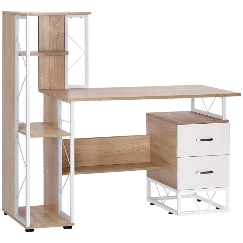 Oak Computer Desk with Drawers & Bookshelf - Stylish Writing Desk for Home Office & Study Workstation with Storage Shelves