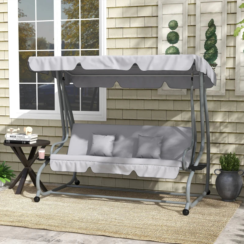 Three-Person Garden Swing Chair with Adjustable Canopy - Light Grey - Outdoor Patio Seating