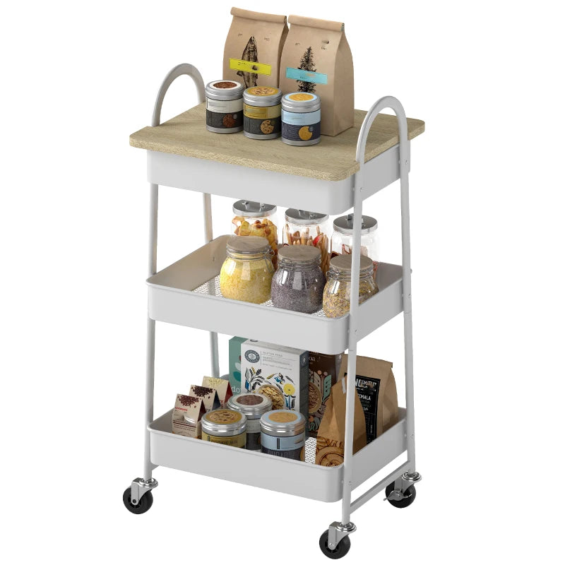 3-Tier Kitchen Storage Trolley on Wheels with Cover Top Board - Stylish White and Oak Design for Easy Organization