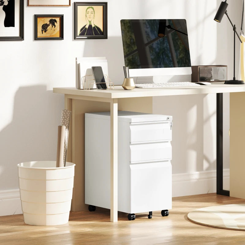 Vinsetto 3-Drawer Lockable Steel Filing Cabinet on Wheels - Modern White Office Storage Solution