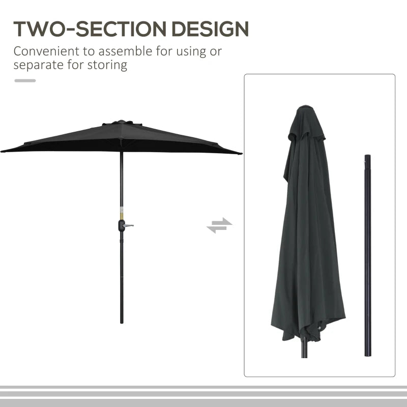 Black 2.7m Half Garden Parasol with 5 Steel Ribs