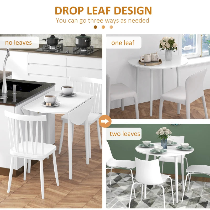 Modern Round Folding Dining Table for 4 - Space-Saving Drop Leaf Kitchen Table with Wood Legs - White Finish