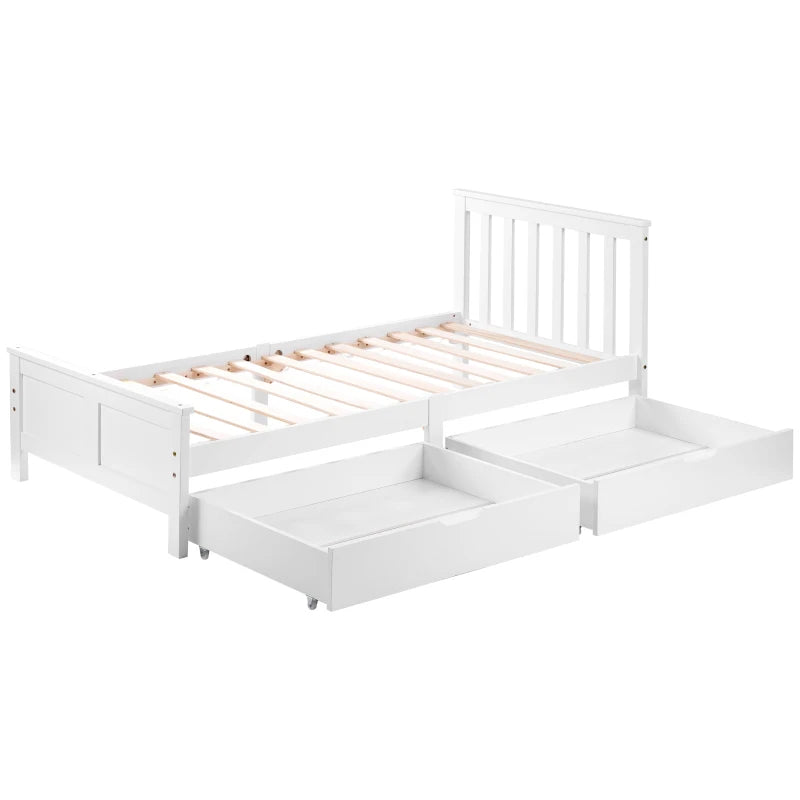 Wooden Solid Pine Divan Storage Bed with Drawers - Single 3ft, 196x100x82 cm, Stylish White Finish