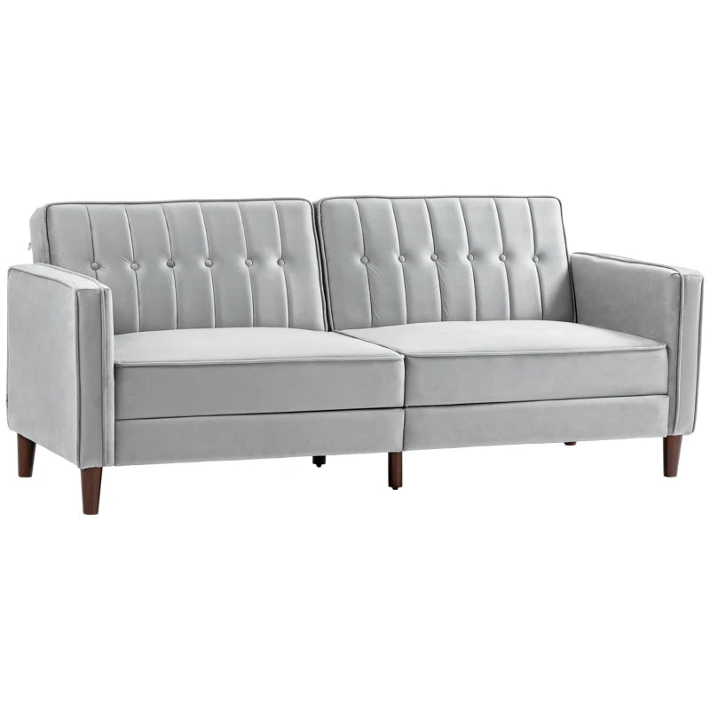Modern Convertible Velvet Sofa Bed with Tufted Design, Compact Loveseat and Adjustable Split Back in Light Grey