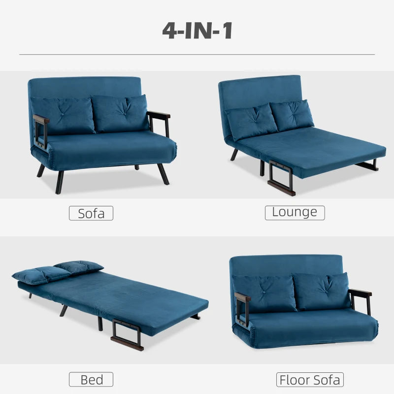 Velvet-Feel Double Sofa Bed with Pillows in Blue - Versatile 4-in-1 Design for Comfort and Style