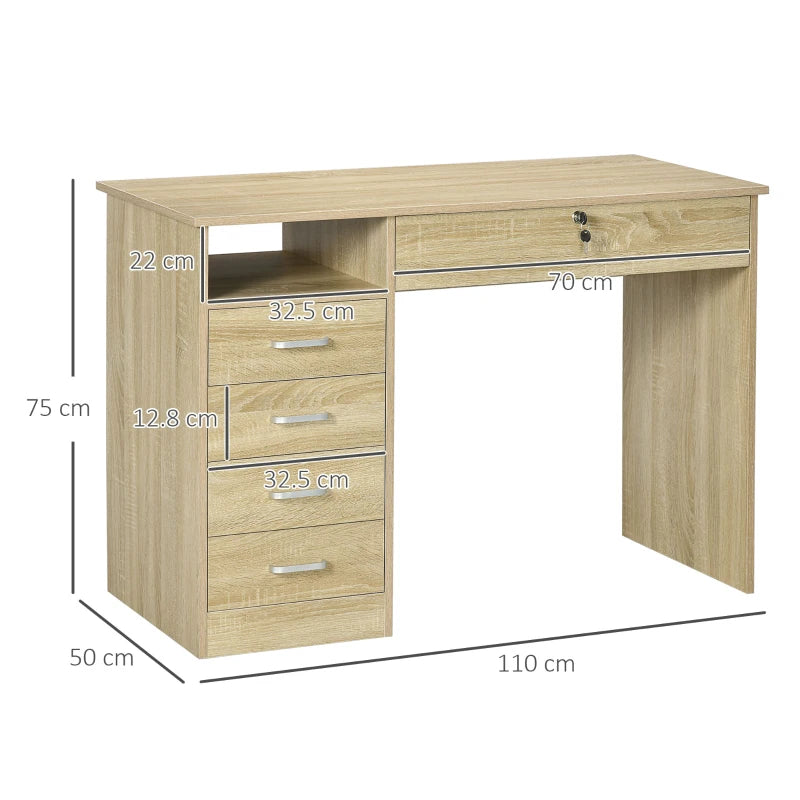 Stylish Oak Computer Desk with Lockable Drawer & Storage Shelf - Home Office & Study Furniture, 110x50x76 cm
