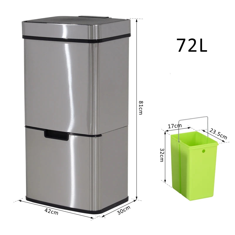 72L Stainless Steel Recycling Sensor Bin - 3 Compartments for Wet/Dry Waste, Removable Lid - Ideal Kitchen Home Solution