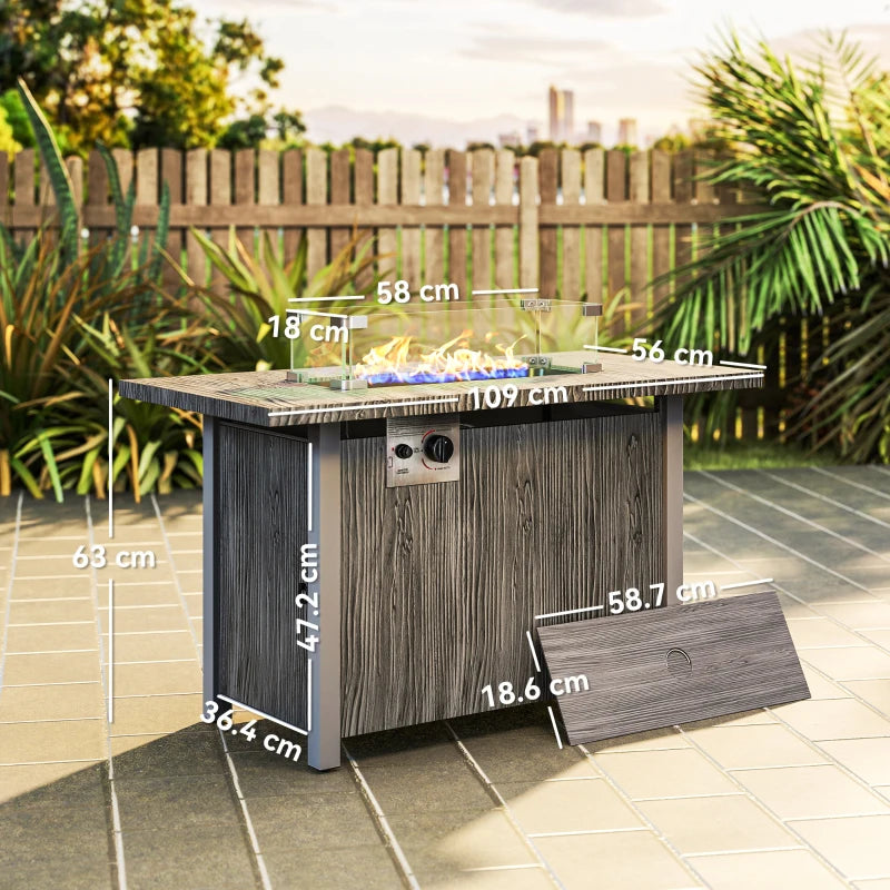 50,000 BTU Dark Grey Gas Fire Pit Table with Cover & Glass Screen - Outdoor Heating Solution
