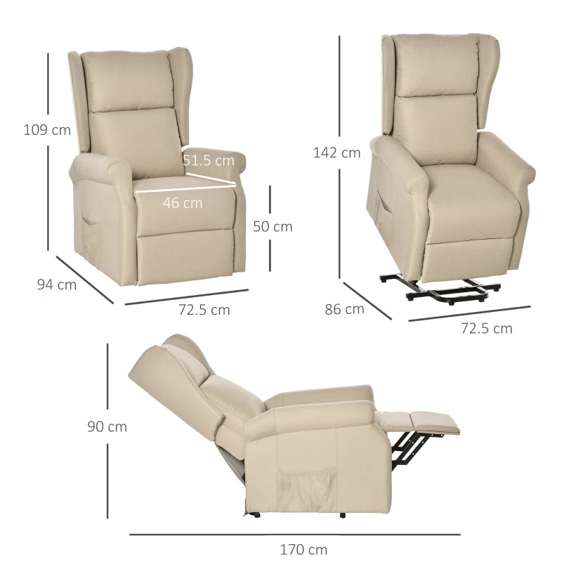 Electric Lift Recliner Armchair for Elderly - Fabric Riser Chair with Remote, Side Pockets, Extended Footrest, Beige