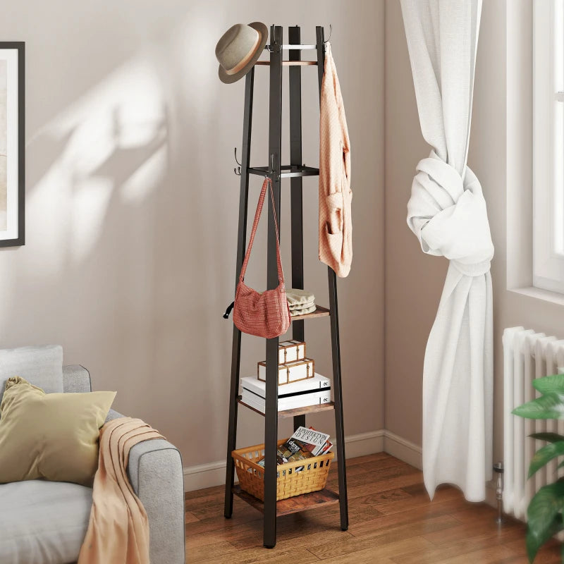Industrial-Style Four Shelf Coat Stand - Rustic Brown and Black Entryway Organizer for Coats, Hats, and Accessories