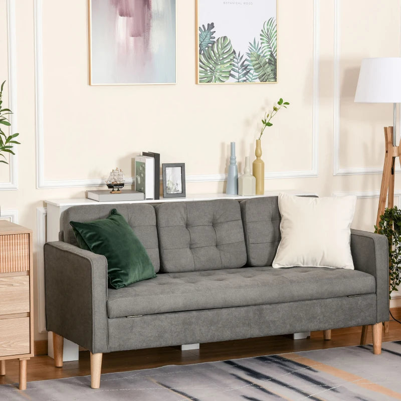 Modern 3-Seater Sofa with Hidden Storage, 169cm Tufted Cotton Couch, Compact Grey Living Room Furniture