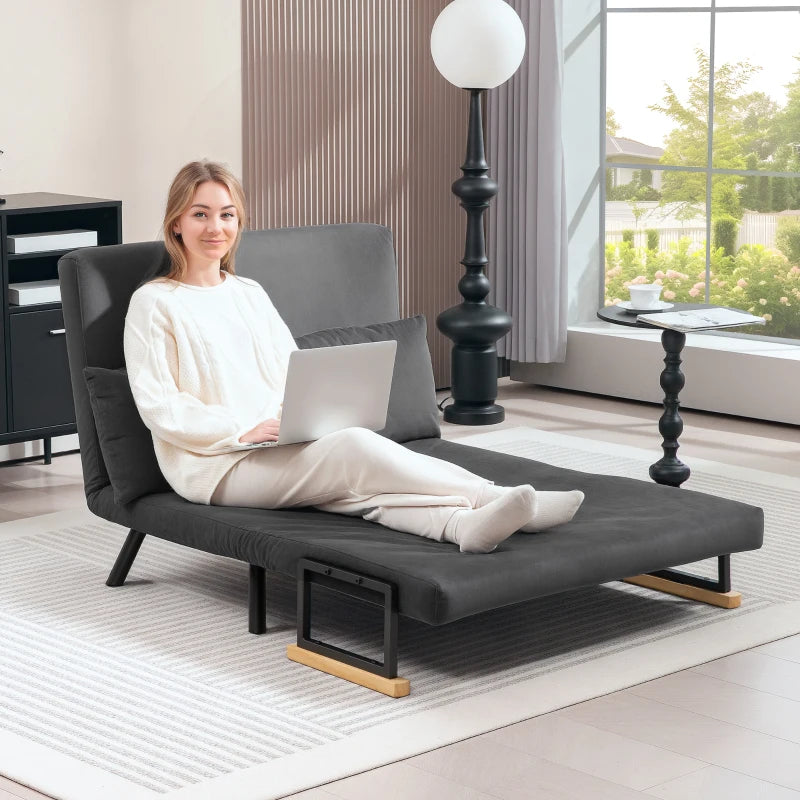 Luxurious Velvet-Feel Double Sofa Bed with Pillows in Dark Grey - Versatile 4-in-1 Design