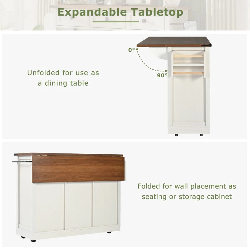 Elegant White Kitchen Island with Extendable Worktop, Smooth Wheels, Ample Storage & Foldable Cabinet - 140x45x94 cm