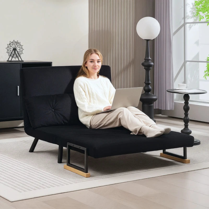 Velvet-Feel Double Sofa Bed with Pillows in Black - Versatile 4-in-1 Design for Comfort and Style