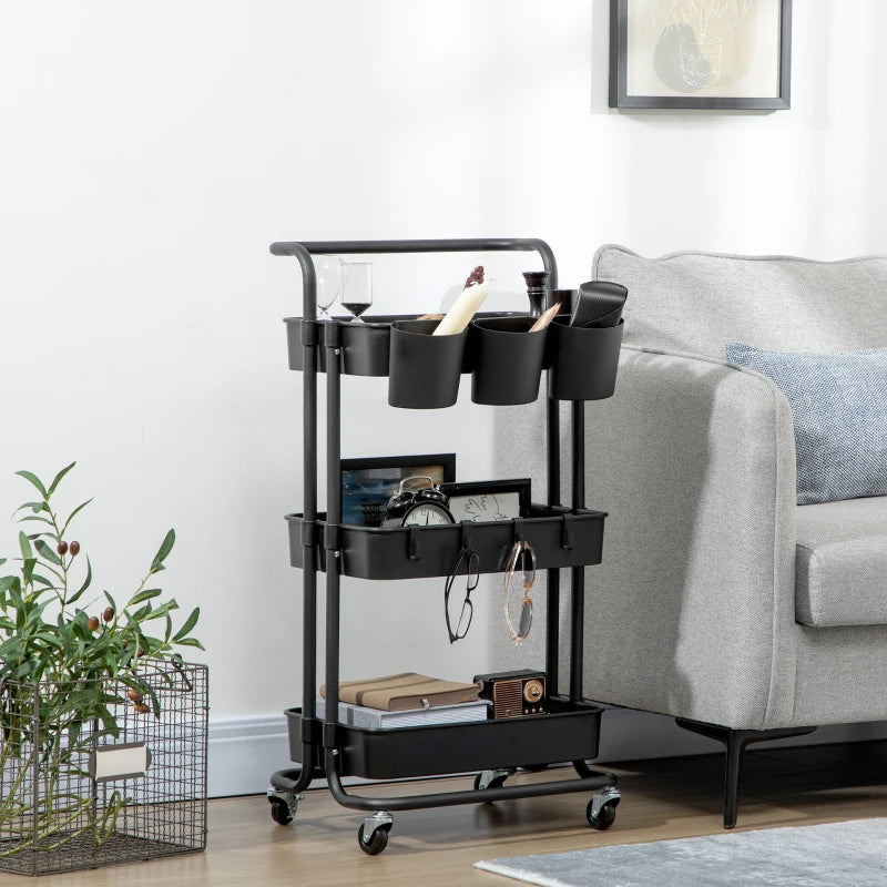 Versatile Black Three-Tier Home Trolley with Handle & Wheels - Perfect for Kitchen, Living Room, or Office Storage