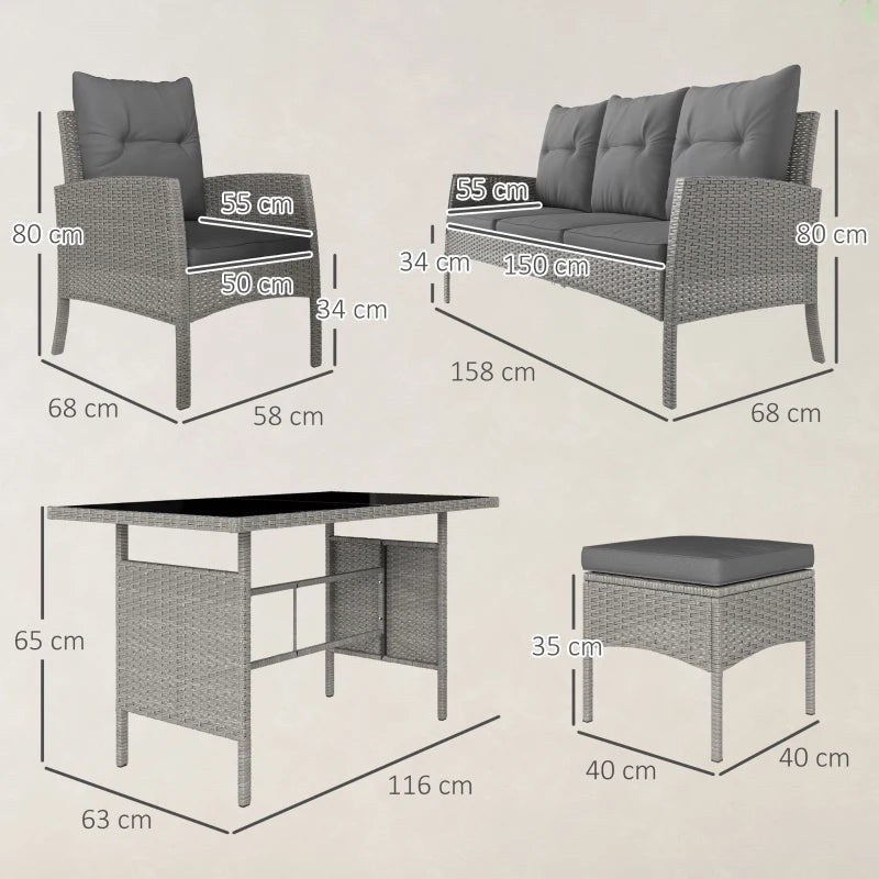 5-Seater Grey Rattan Garden Furniture Set - 2 Armchairs, 3-Seater Wicker Sofa, 2 Footstools & Glass Table - 6 Piece Patio Sofa Set with Cushions for Conservatory