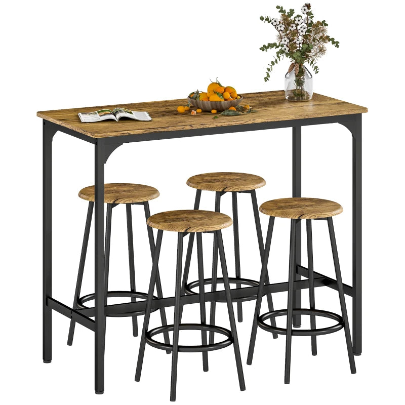 Five Piece Industrial Style Bar Table Set in Brown and Black for Modern Dining Spaces