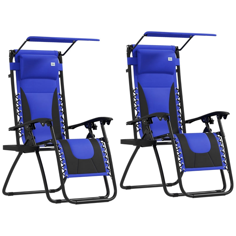 Zero Gravity Lounger Chair Set of 2 - Folding Reclining Patio Chairs with Shade Cover, Cup Holder, Soft Cushion and Headrest for Poolside, Camping - Blue