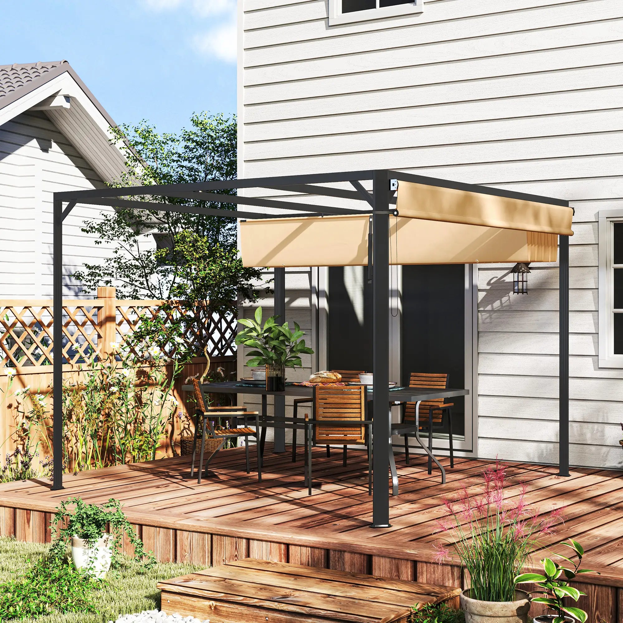 3m x 3m Aluminium Pergola With Retractable Roof and Wall - Khaki