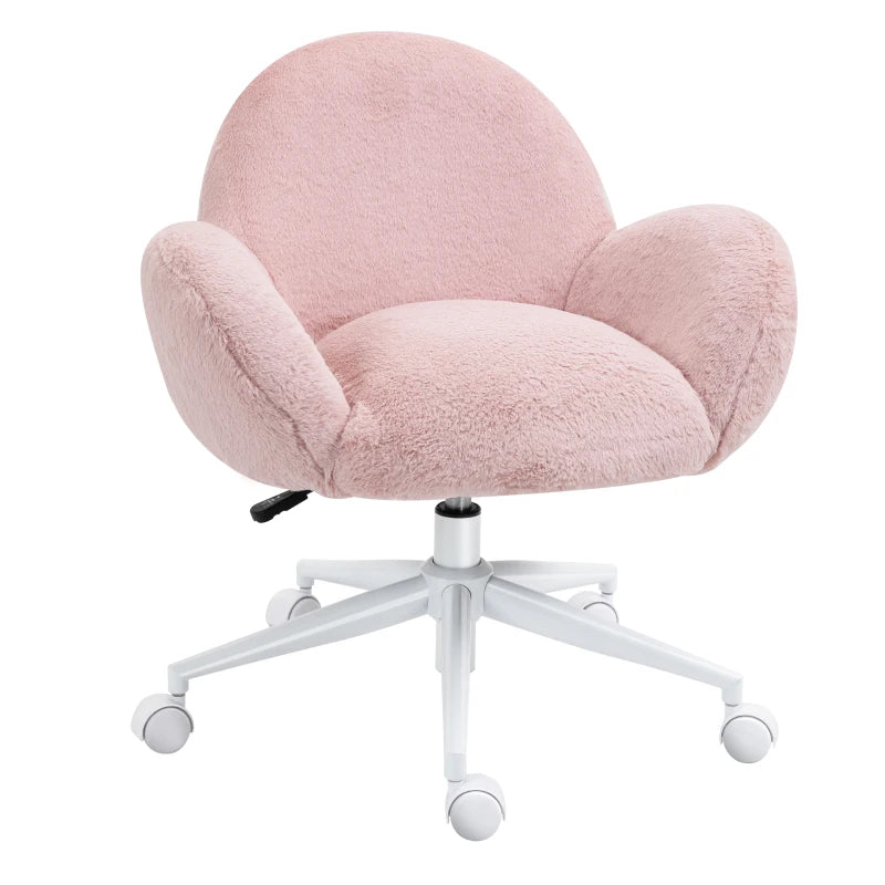 Cute Pink Makeup Vanity Chair with Fluffy Cushion & Rolling Wheels - Stylish Desk Chair for Bedroom & Living Room