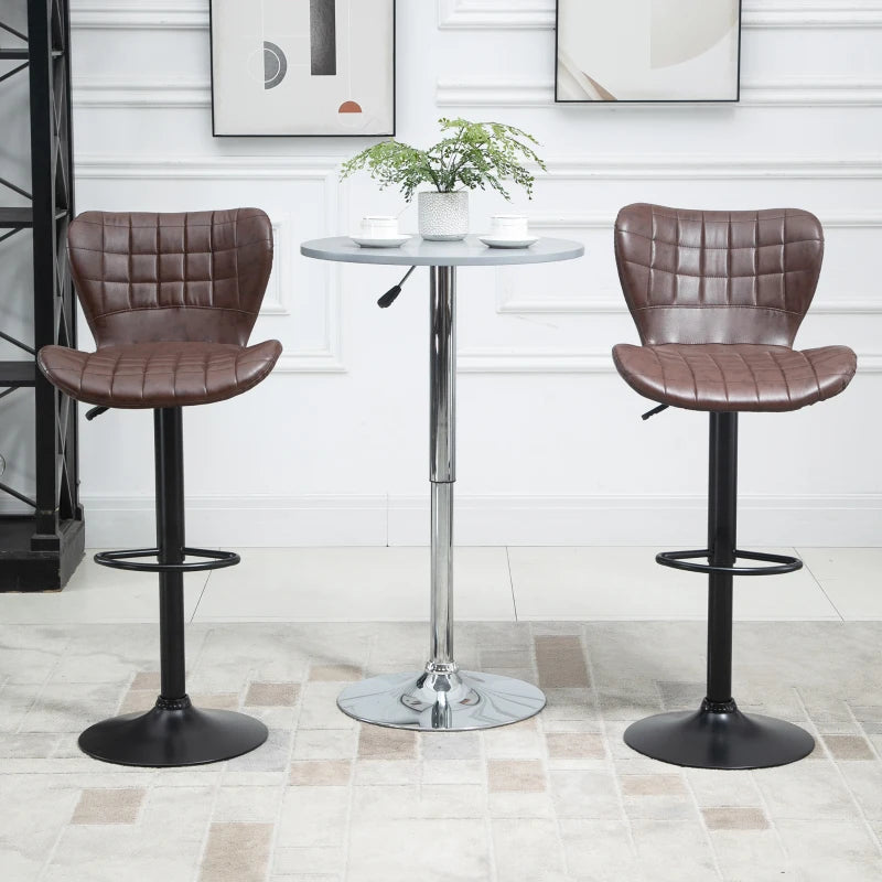 Set of 2 Adjustable Height Swivel Bar Stools in Brown PU Leather with Backrest & Footrest - Modern Design