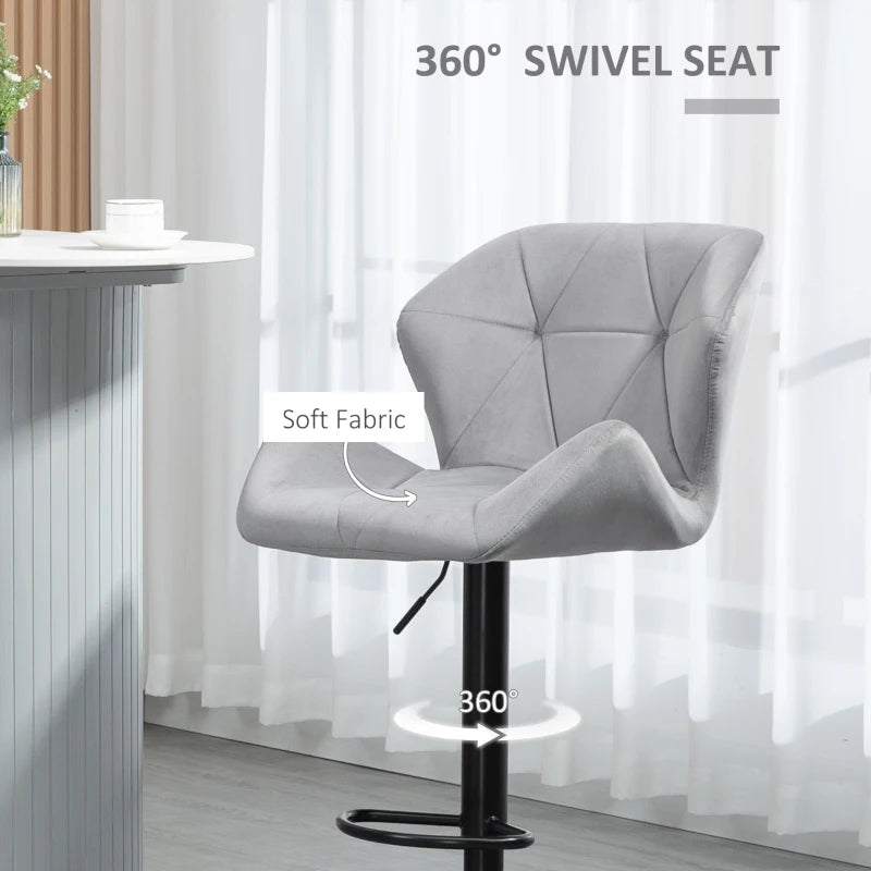 Luxurious Velvet Bar Stools Set of 2 - Adjustable Height Swivel with Metal Frame, Round Base, Grey