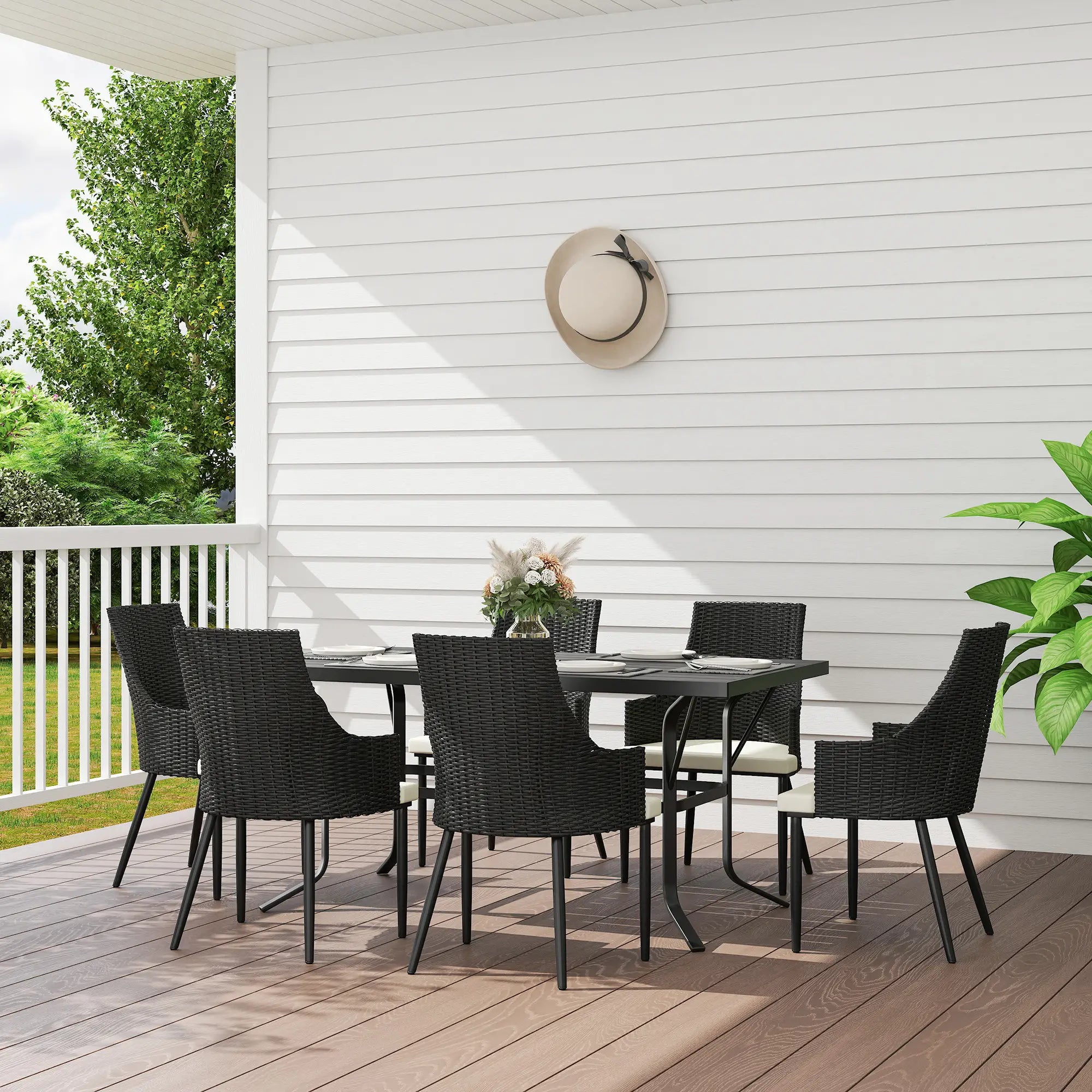 6 Seater Black & Cream White Rattan Dining Set with Cushions, Armchairs, Rectangle Slatted Table Top, Steel Frame, Parasol Hole, Wicker Outdoor Furniture for Patio