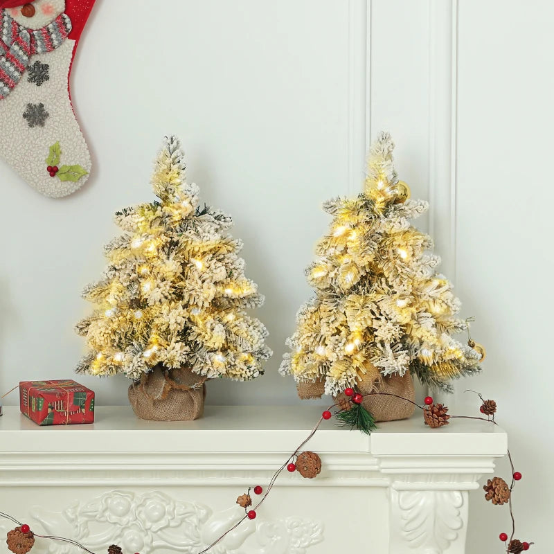Set of 2 Mini 1.5ft Snow Flocked Christmas Trees with Lights - Battery Operated Tabletop Holiday Decor