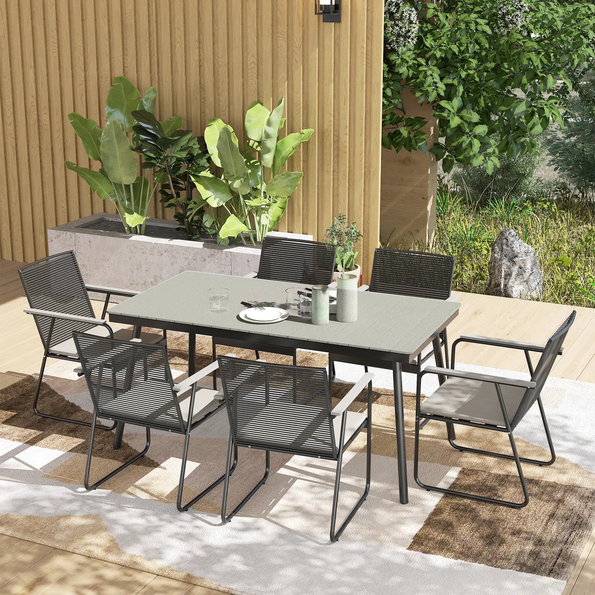 Grey 6 Seater Rattan Garden Dining Set with Cushions – Outdoor Patio Furniture with Rectangular Table