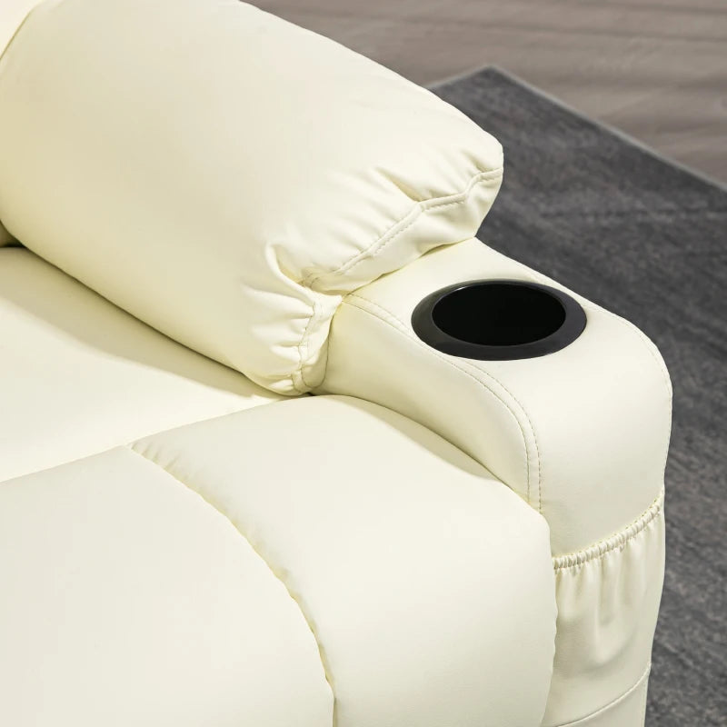 Manual Reclining Armchair with Swivel, Faux Leather, Footrest and Cup Holders - Cream, 86x93x102cm